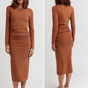 DISSH Knit Ruched Long Sleeves Midi Dress, Dark Orange, Brown, Size 6